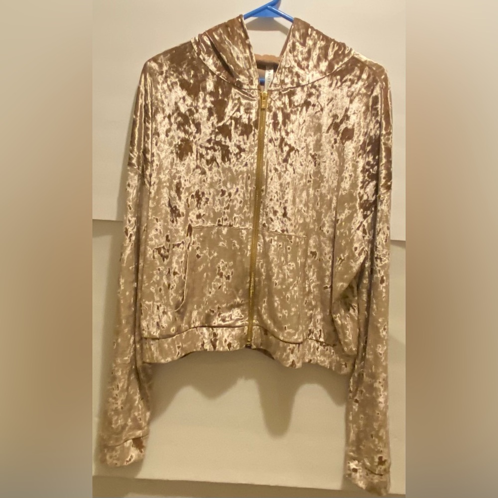 Fabletics Crushed Velvet Full Zip Hoodie Shimmering Bomber Jacket - Size XL